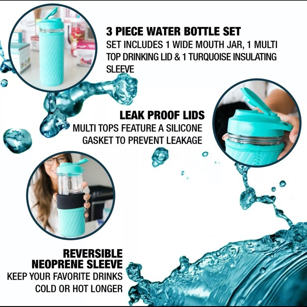 Masontops Glass Water Bottle Hydration Kit Regular Mouth Mason Jar Turquoise FFF - Picture 2 of 11